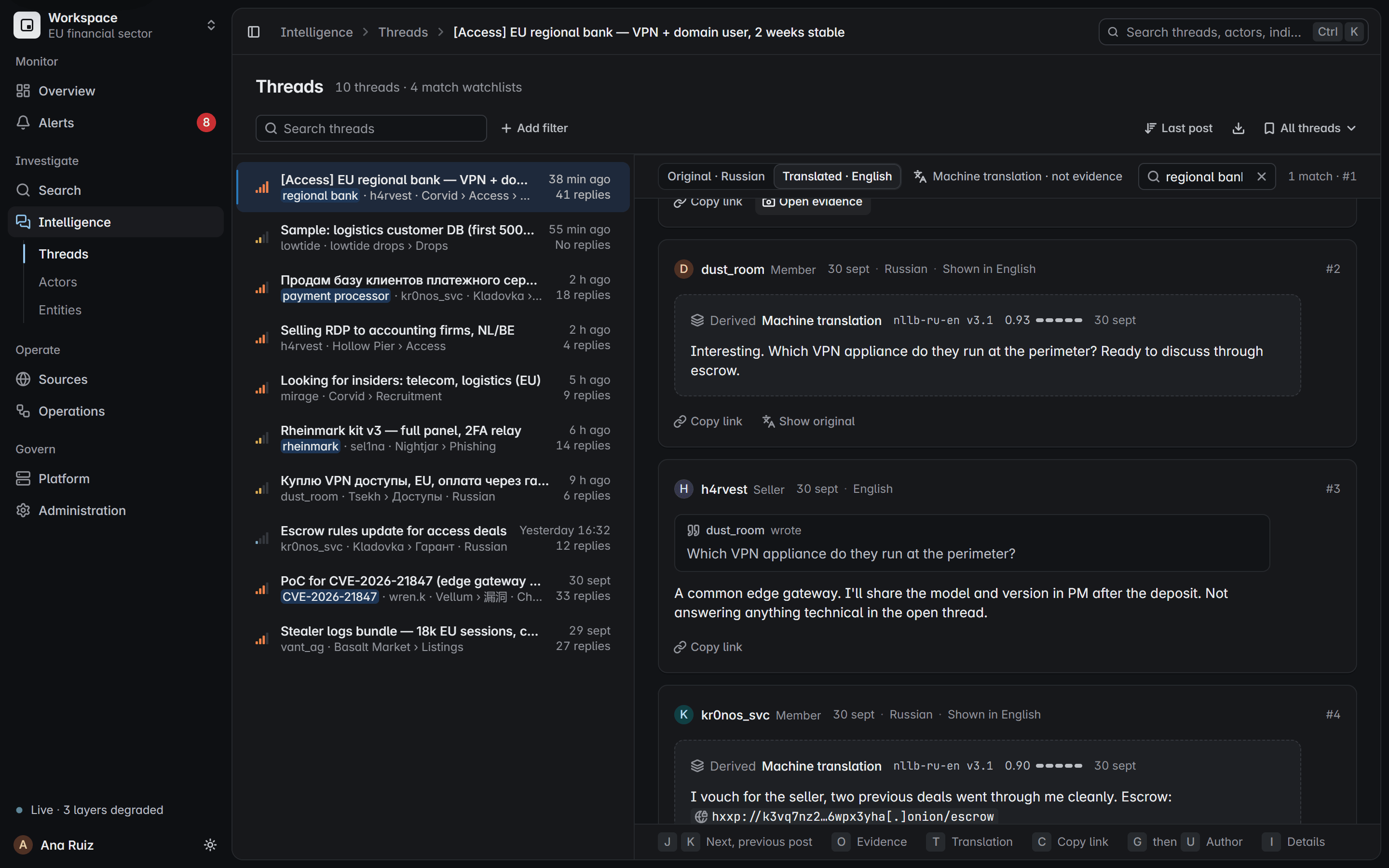 Las mismas respuestas con la traducción seleccionada: cada una muestra su texto en inglés en un bloque etiquetado Derivado, Traducción automática, con el modelo nllb-ru-en v3.1 y confianza 0.93, marcado Traducción automática, no es evidencia