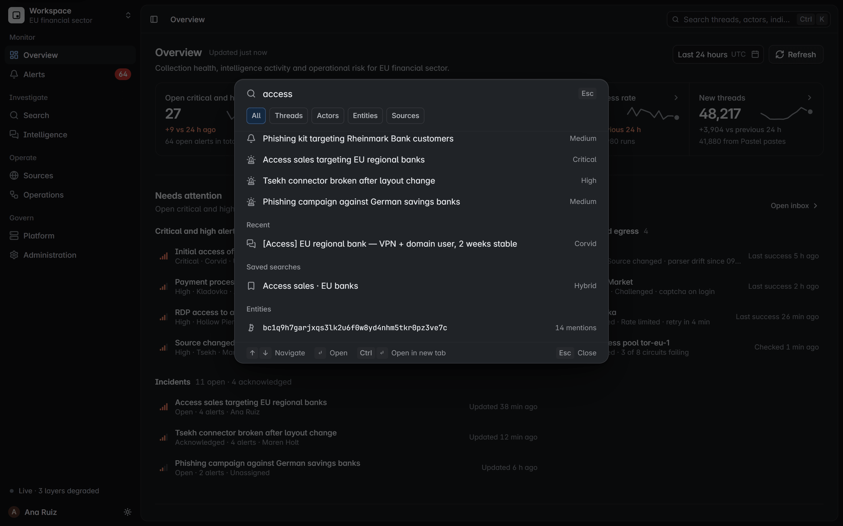 El menú de comandos sobre el resumen: una búsqueda de access devuelve alertas, incidentes, un hilo reciente, una búsqueda guardada y una wallet.
